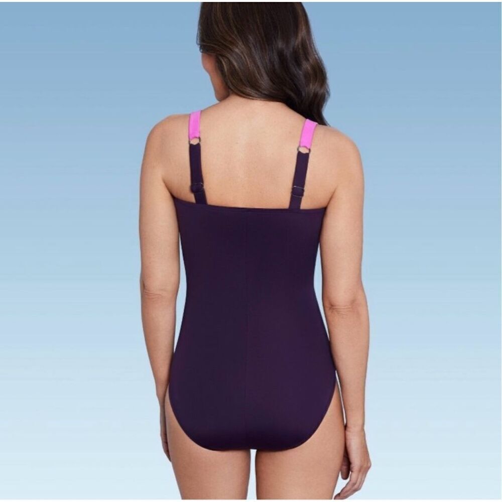 🌸 Aqua Green Pink and Purple Ruched One Piece Swimsuit Size 6 New - Picture 2 of 7